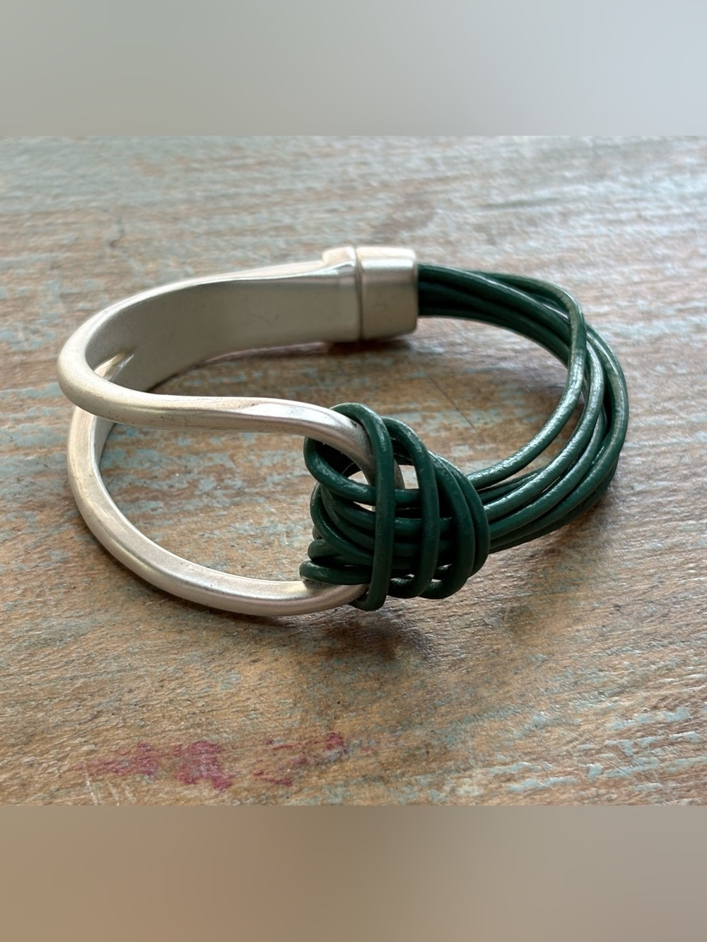 Turquoise Leather and Matte Silver Bracelet
